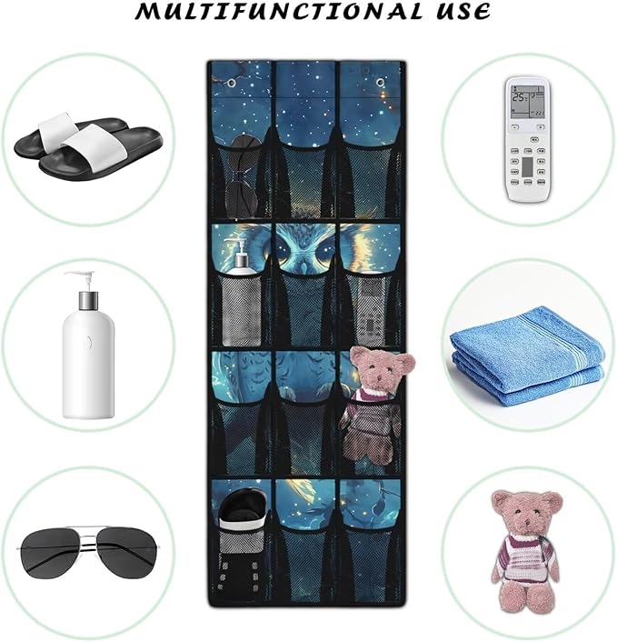 Owl Over The Door Shoe Organizer Space Saving Foldable Hanging Storage Holder 12 Mesh Pockets for Bathroom Bedroom