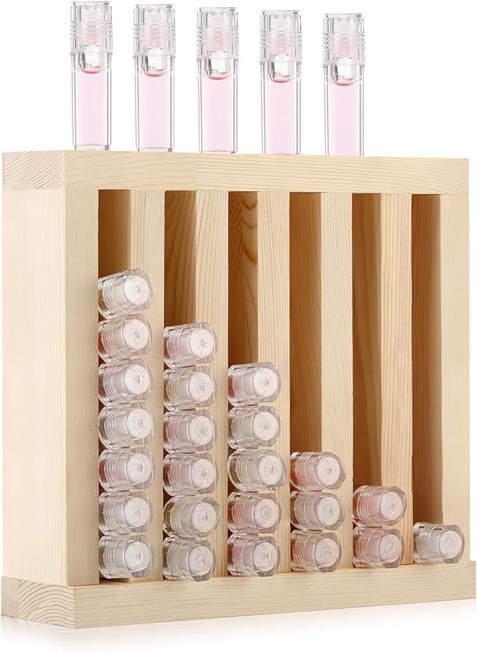 Wonderjune 1 Pcs 6 Slot Wooden Lipsticks Holder 0.7 Inch Lip Balm Tube Holder Lip Gloss Organizer Display Wood Lipsticks Tube Tower Organizer for Market Craft Booth Room Display (Wood Color)