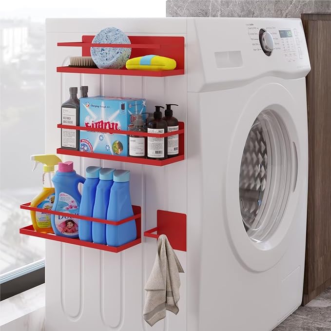 Magnetic Spice Rack For Refrigerator, Space Saving Magnetic Shelf For Fridge Red 4 Pack With Magnetic Paper Towel Holder