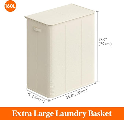 Lifewit Triple Laundry Hamper with Lid and Removable Laundry Bags, Large Collapsible 3 Dividers Dirty Clothes Basket with Handles for Bedroom, Laundry Room, Closet, Bathroom, College, 160L White