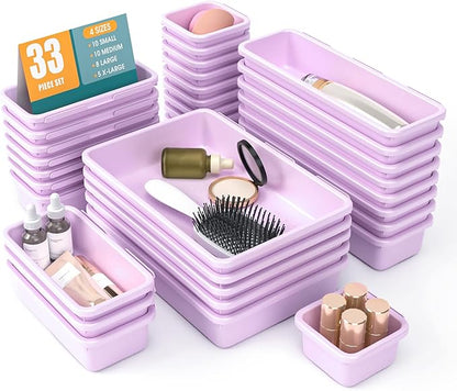 33 PCS Drawer Organizer Set, 4 Size Makeup Drawer Divider Organizer With Non-Slip Pads, Interlocking Plastic Storage Bins for Office,Jewelry Vanity,Gadgets, Bathroom,Kitchen, Purple