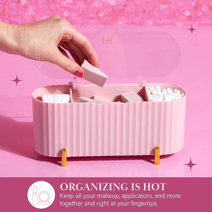 Paris Hilton Makeup & Storage Organizer with Lid, Customizable 3-Compartment Tray, Elegant Ribbed Design, Compact & Durable, Pink