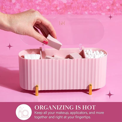 Paris Hilton Makeup & Storage Organizer with Lid, Customizable 3-Compartment Tray, Elegant Ribbed Design, Compact & Durable, Pink
