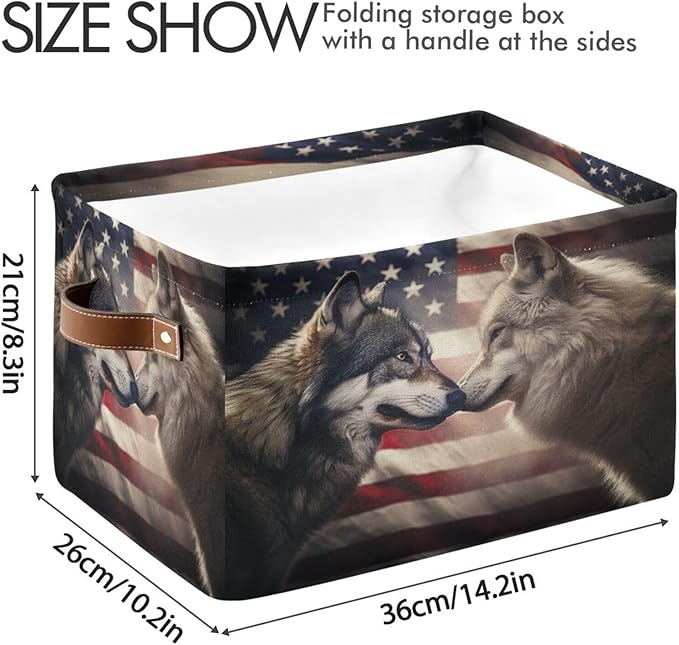 Large Storage Basket Wolf Usa Flag Storage Bin Cube Canvas Fabric Organizer Handles Collapsible for Clothes Toys Bedroom Decorative