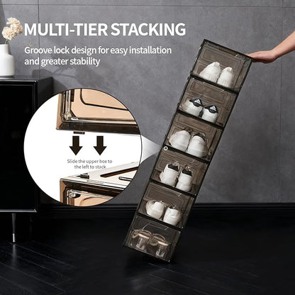Shoe Boxes Shoe Storage Boxes Display Boxes with Magnetic Doors and Stackable Design, Ideal for Hallways, Under Beds, Wardrobes, and Living Rooms (Magnetic Door-Black, 6 Pack)