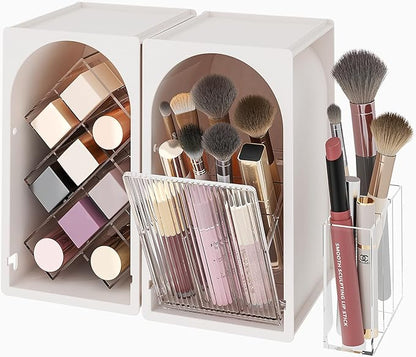 FOLLOWIN Compact Makeup Organizer for Vanity,Lipstick Holder with Grid & Makeup Brush Organizer with Flip Drawer,Cosmetic Organizer Set for Cosmetics,Brushes,Lipsticks,Milk White & Clear