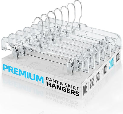 HOUSE DAY Clear Pants Hangers with Clips 200 Pack, Non-Slip Plastic Skirt Hanger with Adjustable Clips, Slim Clip Hangers for Pants, Skirts, Shorts, 14" Clear Hanger, 360-Rotating Swivel Hook