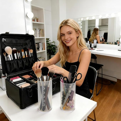 Retractable Travel Makeup Brush Holder, Clear Plastic Brush Cup with Lid, Portable Brushes Organizer for Makeup Artists | Vanity, Multi-Purpose Pen Pencil Container & Straw Holder, 2pcs