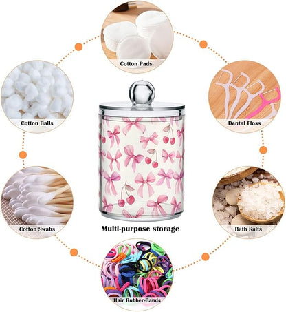 ALAZA 4pcs Watercolor Bow Cherry Qtip Holder Dispenser 14 oz Bathroom Storage Clear Apothecary Jars Containers Cotton Ball,Cotton Rounds,Floss Picks, Hair Clips, Food