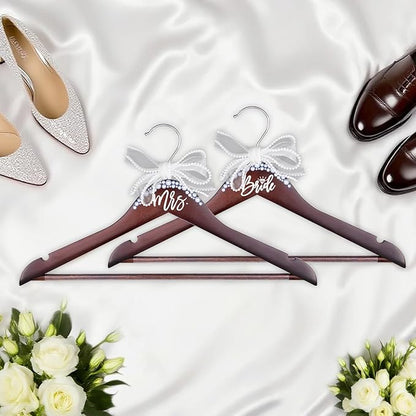 Bride Hanger for Wedding Dress Wooden Pearl Hangers with Pearl Ribbon Bow Elegant Bridal Mrs Wedding Dress Hanger, 2PCS Personalized Wedding Hangers (Walnut)