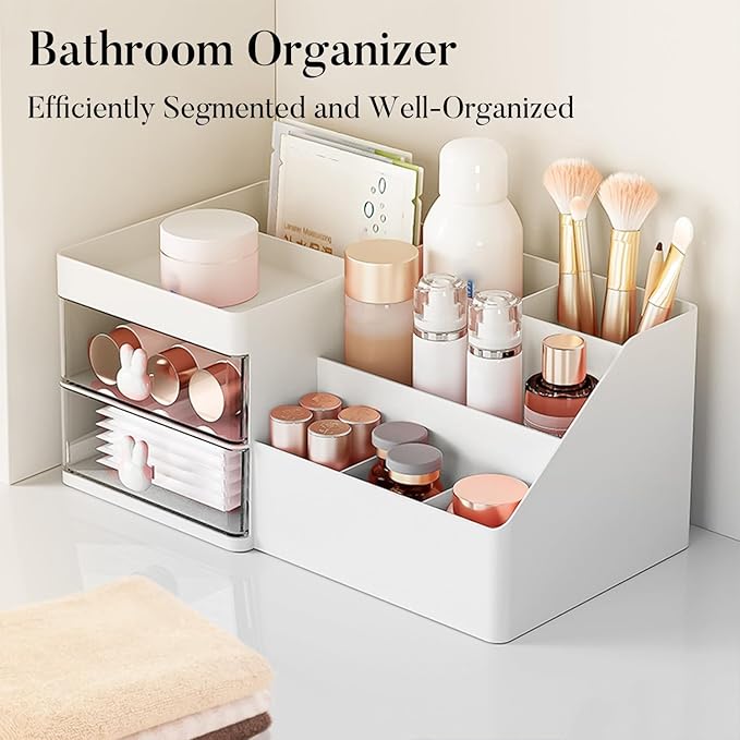 Makeup Organizer, Cosmetic Desk Storage Box with Drawers Skincare Organizers for Dressing Table, Countertop, Bathroom Counter, Vanity Holder for Brushes, Lotions, Lipstick, Perfume (White-Clear)