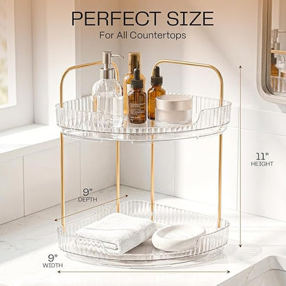 2-Tier Acrylic Corner Bathroom Organizer with Handle Round Skincare & Makeup Storage Tray, Waterproof, Lightweight, Heat Resistant Vanity Shelf for Countertop, Kitchen, Bedroom, Dresser