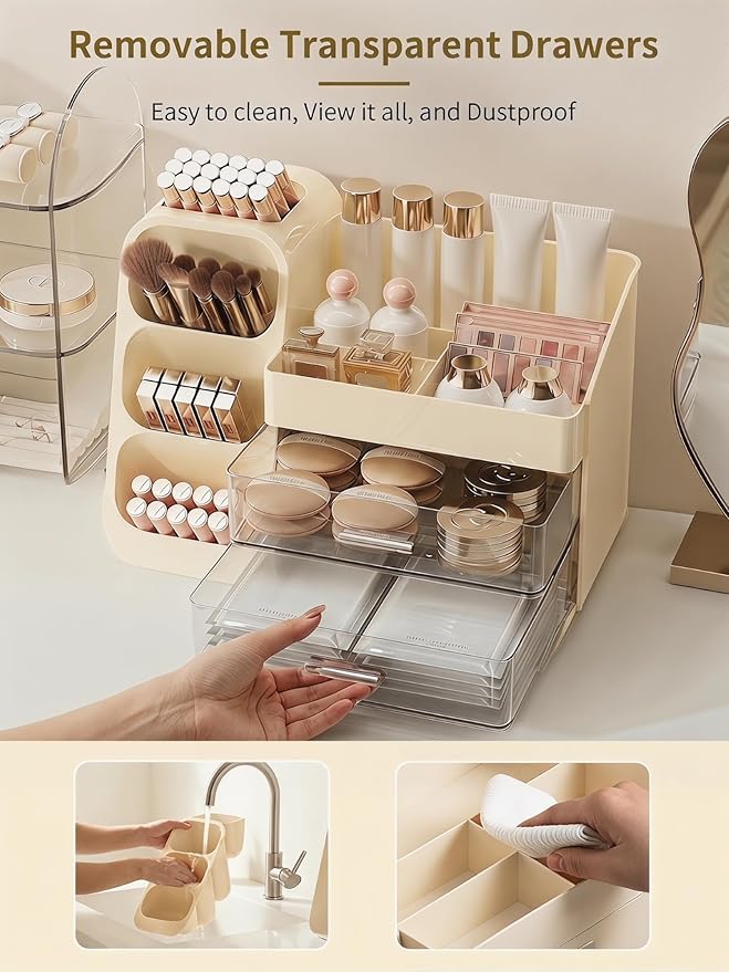Booklov Makeup Organizer for Vanity, Large Capacity Cosmetic Display Case with Clear Acrylic Drawer, Countertop Beauty Storage Holder for Skincare, Brush Eyeshadow Lipstick Counter Desk, Crystal Cream