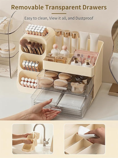 Booklov Makeup Organizer for Vanity, Large Capacity Cosmetic Display Case with Clear Acrylic Drawer, Countertop Beauty Storage Holder for Skincare, Brush Eyeshadow Lipstick Counter Desk, Crystal Cream