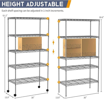 5-Tier Wire Shelves 61" H x 30" x 14" Metal Storage Shelves Adjustable Wire Shelving Rack with Wheels & Leveling Feet NSF Metal Shelf Unit for Kitchen Pantry, 1200Lb Capacity, Chrome