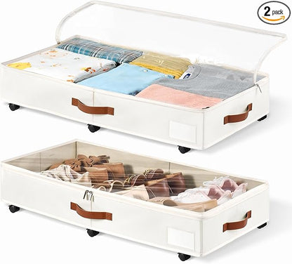 6 Inches Under Bed Storage with Wheels Pack of 2, Underbed Shoe Storage Container Bin with Clear Lid Cover, Rolling Under Bed Drawer Storage Bag Basket for Shoe Organizer Sheet Sweater - White