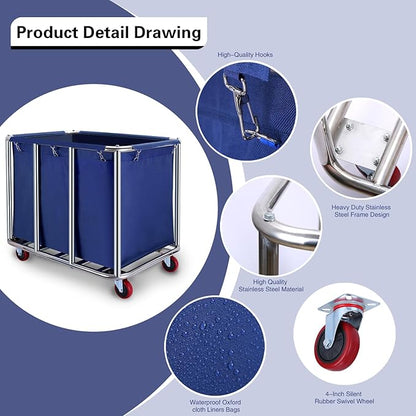 JJSMKCH Commercial Laundry Cart with Wheels, 400L Capacity, Sturdy Steel Frame, Waterproof Oxford Cloth, 330 lbs Load, Blue