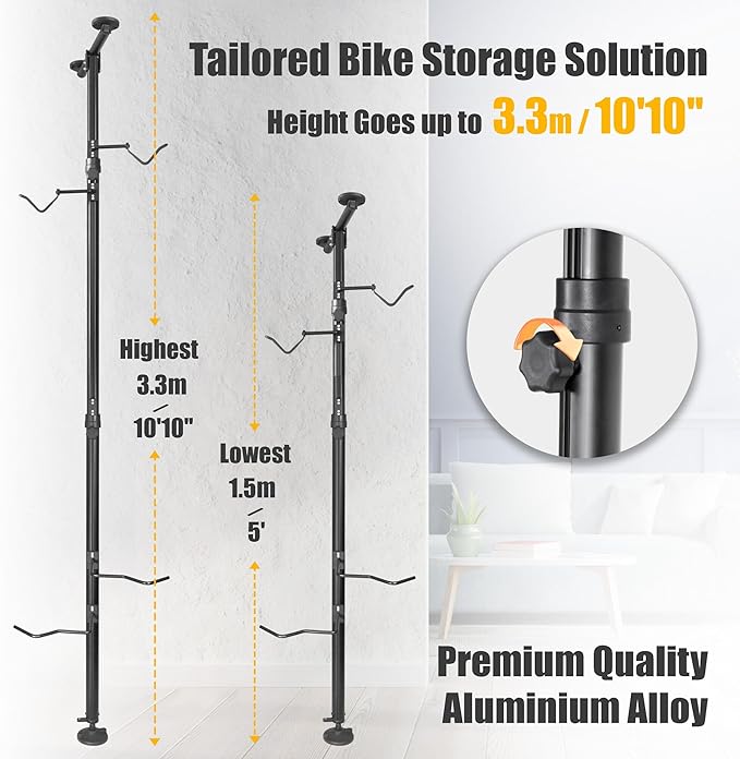 CyclingDeal Floor to Ceiling 2 Bike Storage Stand | Adjustable Aluminum Dual Hanger Pole Rack with Gravity Hooks & Locking Mechanism | Extends 5ft to 10ft | No-Drill Indoor Garage Apartment