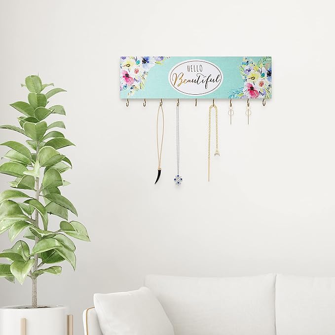 SANY DAYO HOME Wall Mount Necklace Holder Organizer with 9 Jewelry Hooks for Ring, Hair Bow, Headband, Purse - Wall Decor for Girls Room - Hello Beautiful