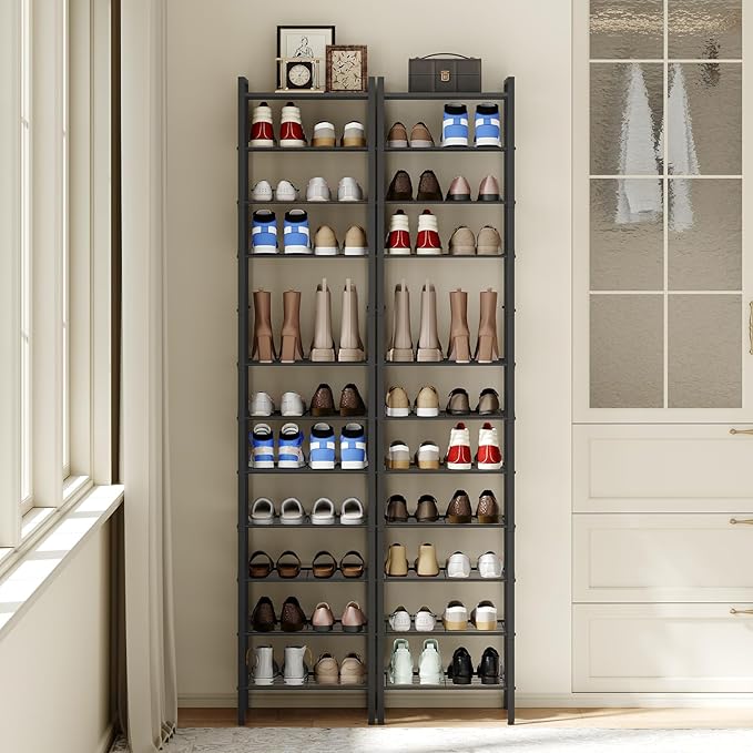 YATINEY 12-Tier Narrow Shoe Rack, Tall Shoe Rack for 12-24 Pairs, Slim Shoe Storage Organizer with Wooden Top, Space Saving, Metal Frame, for Entryway, Black SS61BB