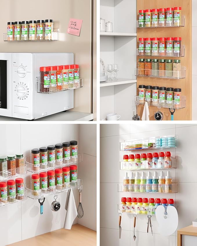 Nieifi Spice Rack Wall Mount, 4 Pack, Clear, 2 Inch Wide, Screw or Adhesive Installation, Spice Rack Organizer for Small Spice Jars, Suitable for Kitchen Cabinet or Pantry Door