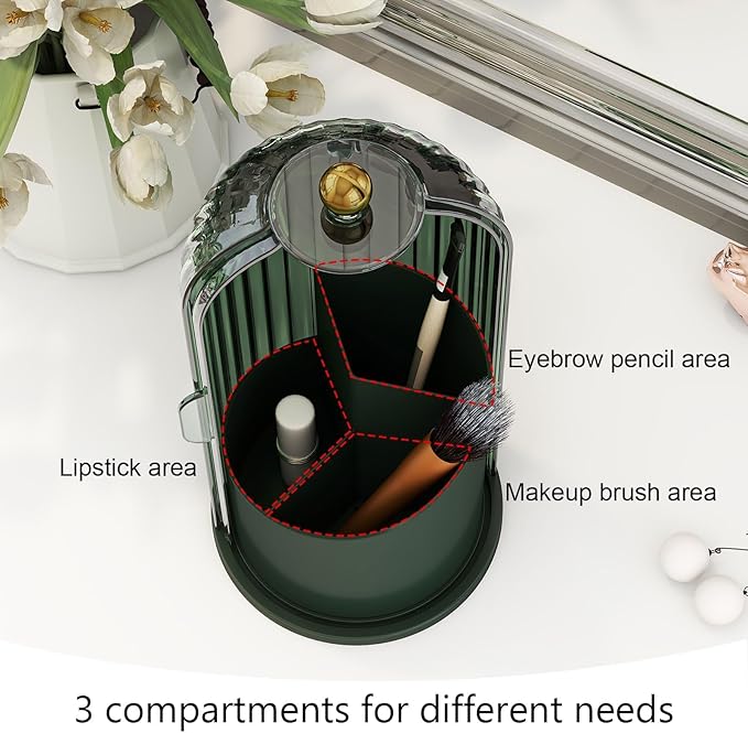 Makeup Brush Holder with Dustproof Cover 360 Rotating Makeup Brush Organizer for Vanity Bathroom, All Green