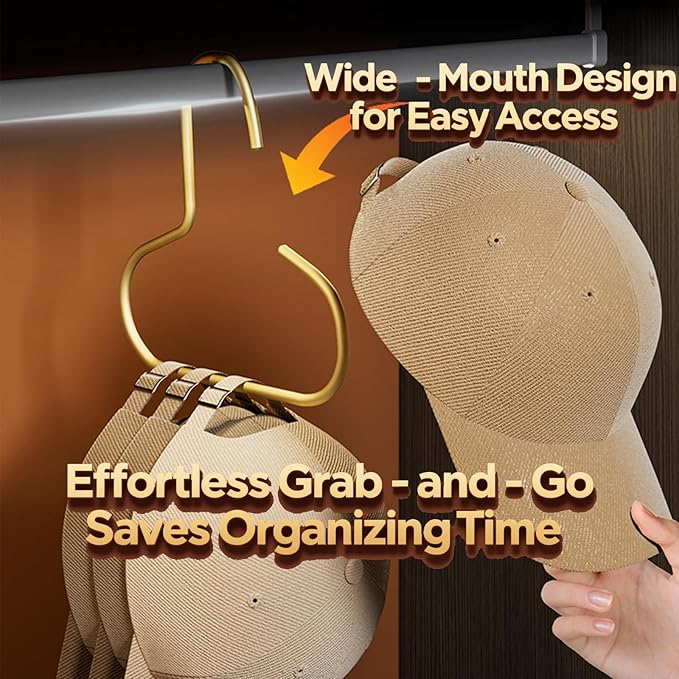 2 Pack Hat Hangers for Closet, Metal S Shaped Hooks Organizer for Baseball Caps, Scarves, Belts & Bras, Heavy Duty Storage Holder with Gold Finish