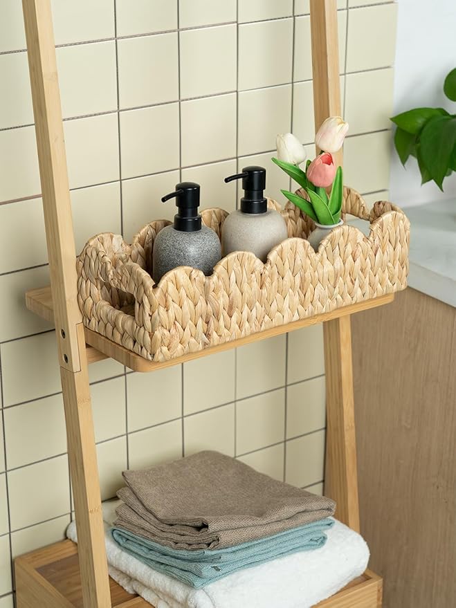 Coeusy 2 Pack Toilet Baskets,Scalloped Edge Wicker Basket for Toilet Paper Storage,Small Baskets for Bathroom,Living Room,Countertop, Shelves,Both Organizer&Decor,Natural Water Hyacinth
