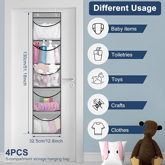 4Pcs Stuffed Animal Door Storage Organizer Stuffed Animal Storage Door Hanging Net Stretchy Multifunctional Over the Door Toy Organizer 5 Elastic Mesh Pockets Organizer for Toy