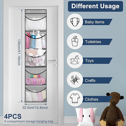 4Pcs Stuffed Animal Door Storage Organizer Stuffed Animal Storage Door Hanging Net Stretchy Multifunctional Over the Door Toy Organizer 5 Elastic Mesh Pockets Organizer for Toy