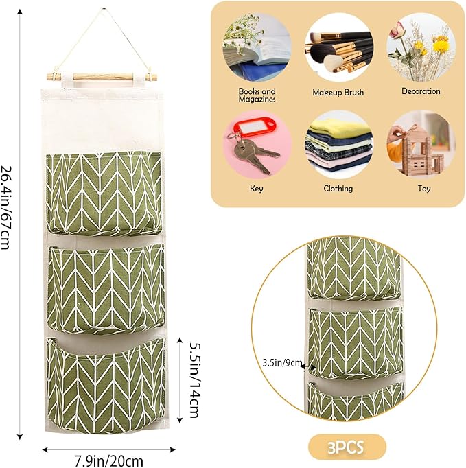 COVRA 3-Pack Wall Hanging Storage Bags – Over-the-Door Organizers with 3 Large Pockets (6.3" × 5.1"), Hanging Closet & Pantry Organizer for Bedroom, Bathroom, Dorm, and More (Green)