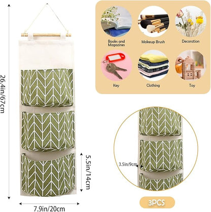 COVRA 3-Pack Wall Hanging Storage Bags – Over-the-Door Organizers with 3 Large Pockets (6.3" × 5.1"), Hanging Closet & Pantry Organizer for Bedroom, Bathroom, Dorm, and More (Green)