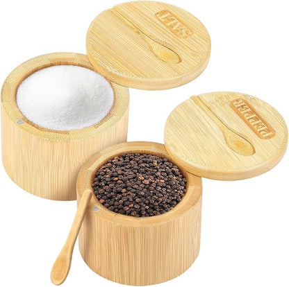 2 Layers Acacia Wood Salt and Pepper Bowl Salt and Pepper Storage Box Salt Container Salt Keeper with Built in Spoon and Magnetic Swivel Lid Dustproof Salt Holder for Kitchen Serving (Wood D)