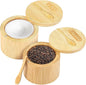 2 Layers Acacia Wood Salt and Pepper Bowl Salt and Pepper Storage Box Salt Container Salt Keeper with Built in Spoon and Magnetic Swivel Lid Dustproof Salt Holder for Kitchen Serving (Wood D)