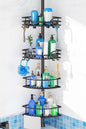 HAMITOR Corner Shower Caddy Tension Pole: 4-Tier Large Capacity Bathroom Organizer Shelf with Towel Bar - Rustproof No-Drill Adjustable 47-123 inch Storage for Renters, Home Bathtub Stand Rack, Black
