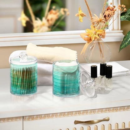 Grunge Turquoise Teal Wood Qtip Dispenser Apothecary Jars Farmhouse Green Bathroom Qtip Holder Storage Canister Plastic Jar 10 Oz for Cotton Ball Swab Round Pads Floss 4pcs