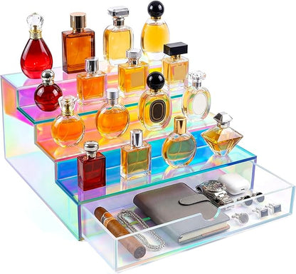 Cologne Organizer for Men with Drawer Acrylic Cologne Stand for Men 4-Tier Cologne Display Shelf Cosmetic Display Case, Iridescent