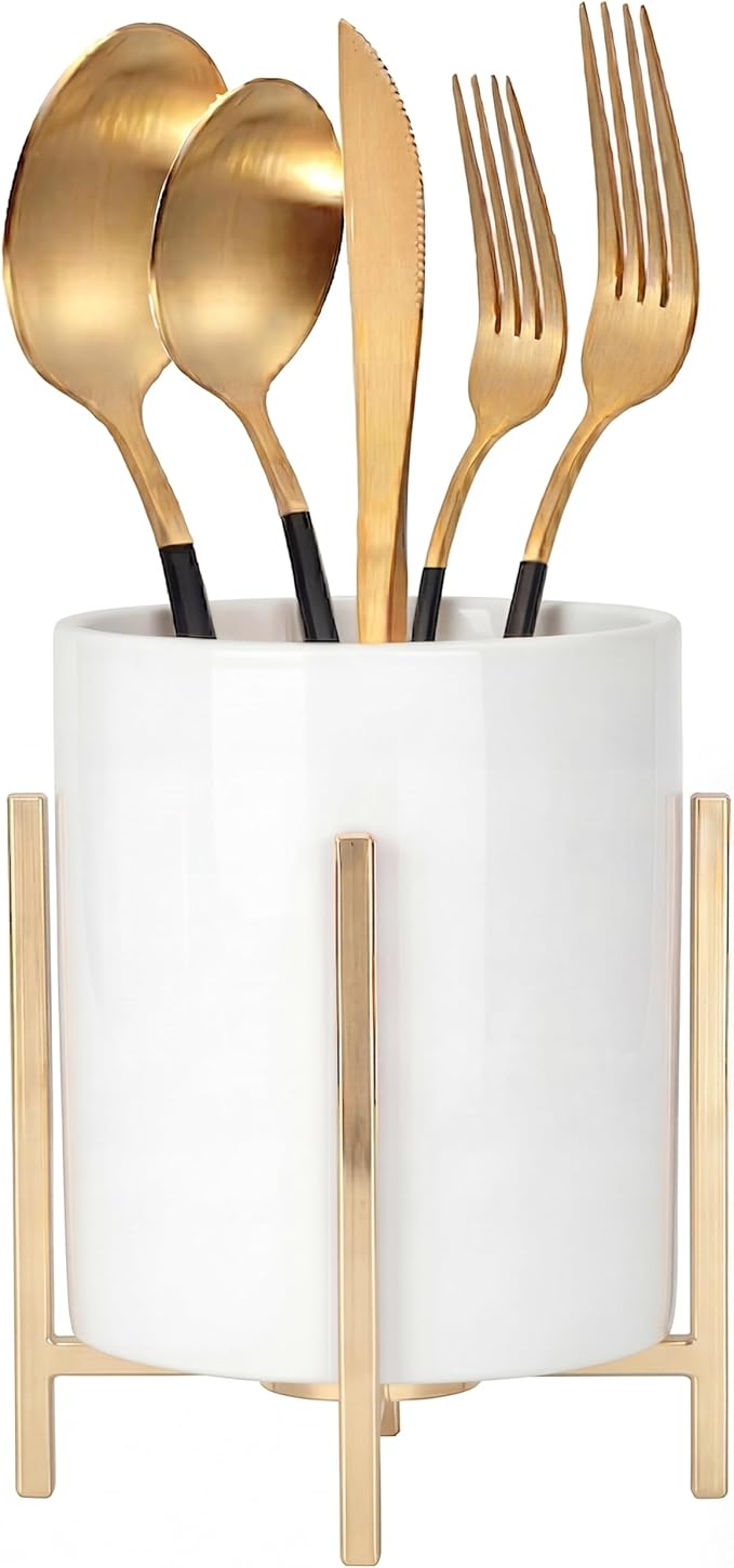 Ceramic Spoon Holder, Silverware Holder For Countertop, Sturdy Cutlery Holder, Gold Utensil Holder for Kitchen Countertop, White Ceramic Cup with Gold Metal Bracket, 1 Pcs
