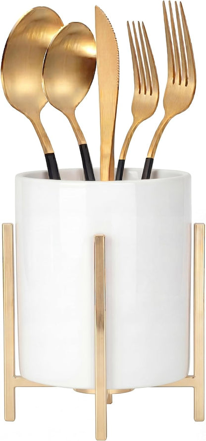 Ceramic Spoon Holder, Silverware Holder For Countertop, Sturdy Cutlery Holder, Gold Utensil Holder for Kitchen Countertop, White Ceramic Cup with Gold Metal Bracket, 1 Pcs