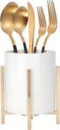 Ceramic Spoon Holder, Silverware Holder For Countertop, Sturdy Cutlery Holder, Gold Utensil Holder for Kitchen Countertop, White Ceramic Cup with Gold Metal Bracket, 1 Pcs