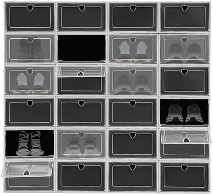 24 Pack Stackable Shoe Boxes with Clear Flip Lids - Foldable Shoe Storage Organizer for Closet Cabinet, Avocado Green/Black Options for Sneakers Flats Home Organization (Black)