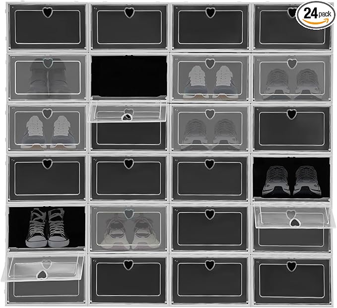 24 Pack Shoe Storage Boxes, Clear Stackable Shoe Organizer for Closet with Flip Lid, Foldable Plastic Shoe Boxes Sneaker Containers for Entryway, Closet, Under Bed (Black, Heart Hole)