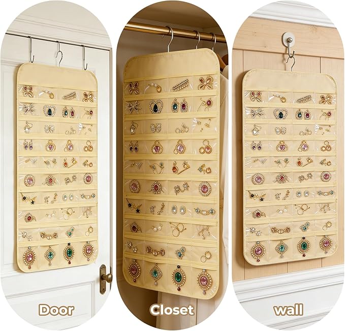 2pcs Hanging Jewelry Organizer,80 Clear Pockets earring organizer and storage, Accessories holder organizer for Closet Jewelries Necklace Travel