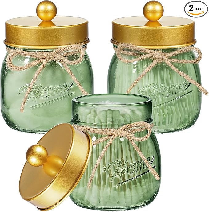 SheeChung Green Glass Qtip Holder Dispenser, Mason Jar Apothecary Jars with Lids, Bathroom Organizers and Storage, Vanity Countertop Canisters Set for Cotton Swab, Ball, Pad, Floss Pick-Gold, 3 Pack