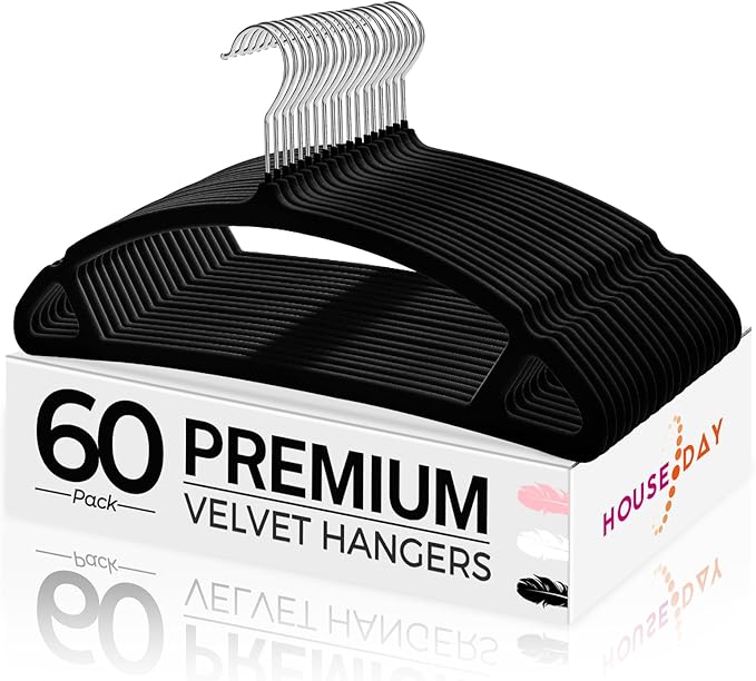 HOUSE DAY Black Velvet Hangers 60 Pack, Luxury Non Slip Felt Hangers, Space Saving Clothes Black Hanger Heavy Duty, No Shoulder Bump Focked Hanger with 360° Swivel Hook for Closet