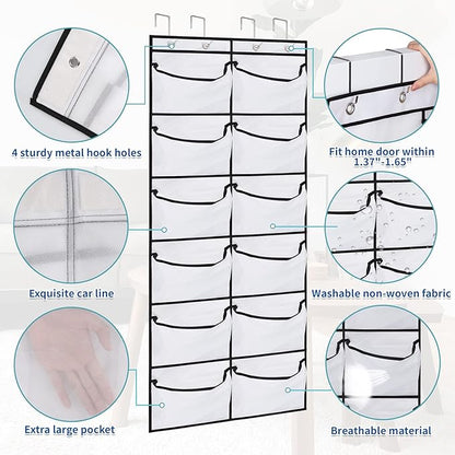 2 Packs Over the Door Shoe Organizer, 24 Extra Large Mesh Pockets Hanging Shoe Boots Rack Holder, Closet Hanging Organizers for Storage Sneakers High Heeled Shoes Slippers (White)