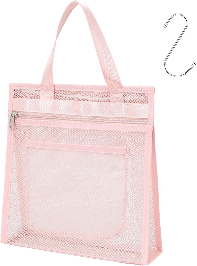 F-color Mesh Shower Caddy Portable Hanging - 3 Pockets Small Shower Bag Tote with Zipper Closure for Camping, Gym Lockers, Travel, Toiletry, Quick Dry Bathroom Essentials with S Hook, Pink