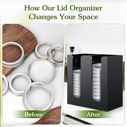 Black Mason Jar Lid Organizer (Wide Mouth & Regular Mouth) 2 Compartment Cup Dispenser Organizer Ball Jar Wooden Storage Accessories for Kitchen Coffee Tumbler Lids, Fit Mason/Canning/Bamboo Lids