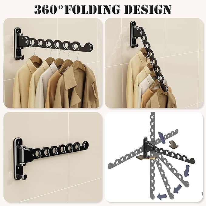 Wall Mounted Clothes Hanger Rack Folding Wall Mounted Clothes Hanger for Laundry (Black)