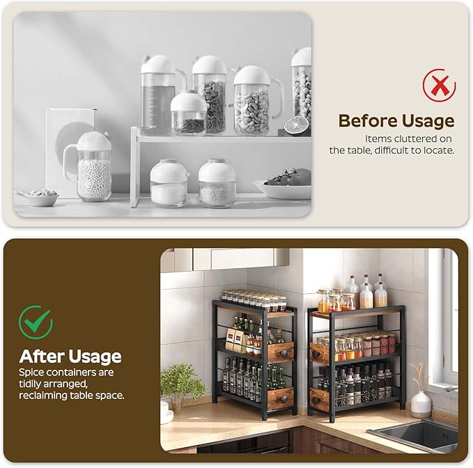 YATINEY Spice Rack, 3-Tier Pull Out Spice Rack Organizer for Countertop, Narrow Kitchen Countertop Storage Shelf with 2 Drawers, for Kitchen, Cafe, Rustic Brown and Black SR02BR